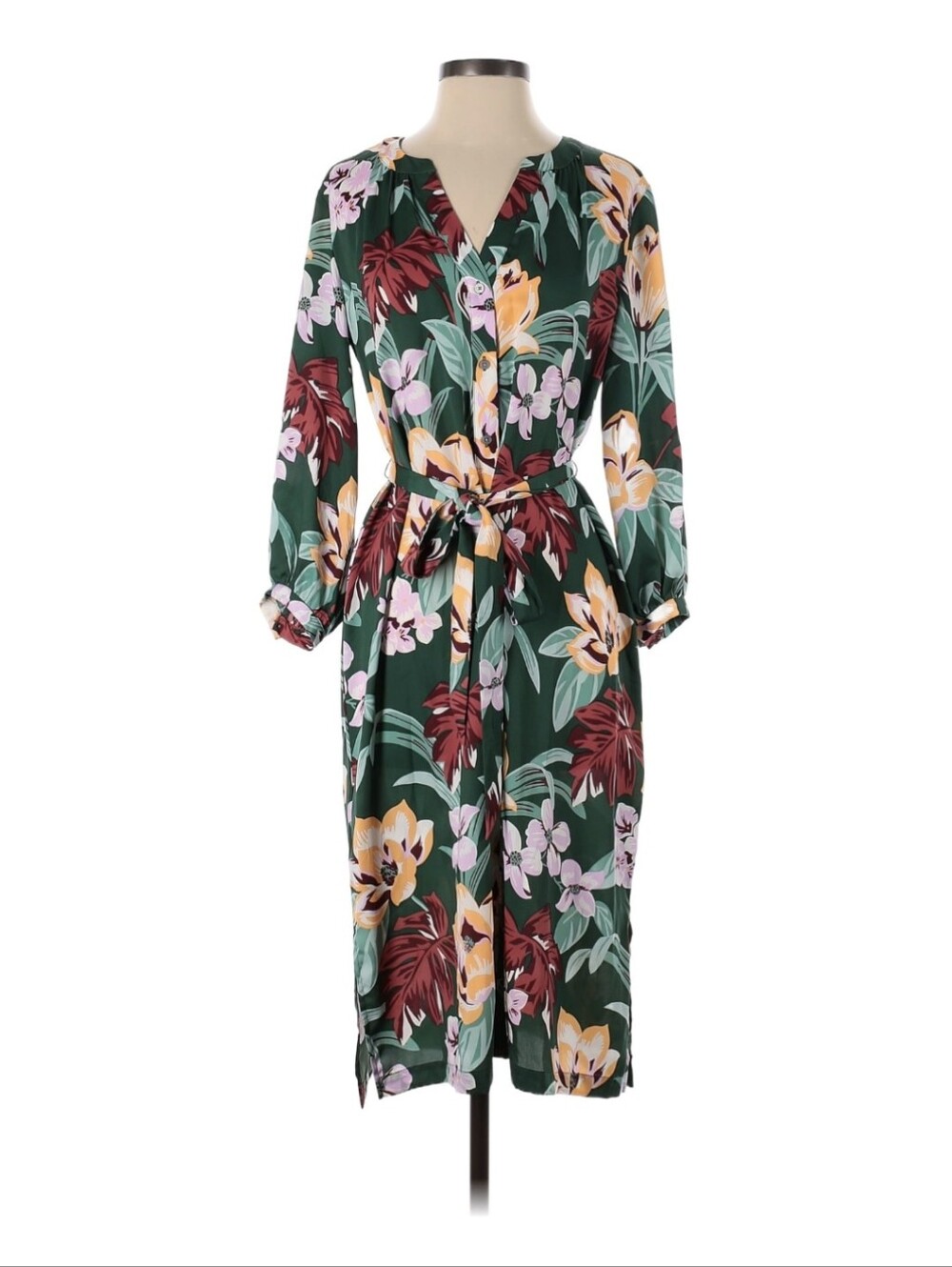 LOFT Green Floral Wrap Midi Dress with Pink & Yellow Blooms